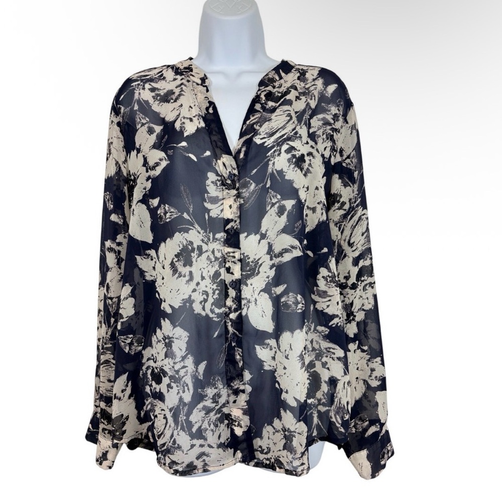 Böhme Navy Floral Sheer Blouse XL Boho Flowy Lightweight Top